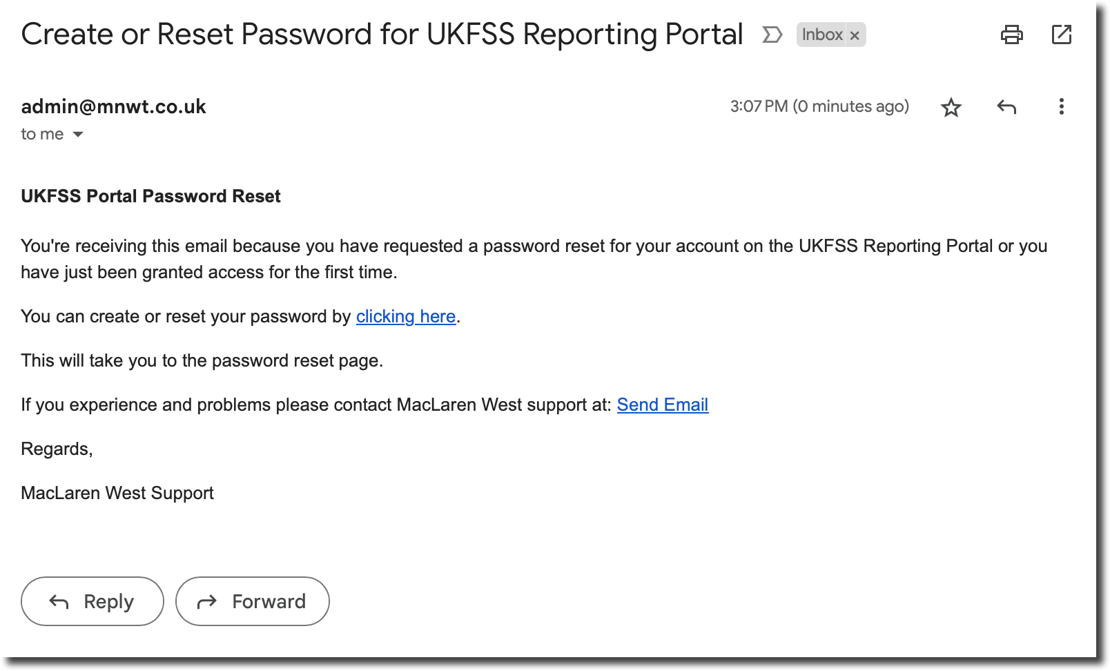 Example Password Reset email