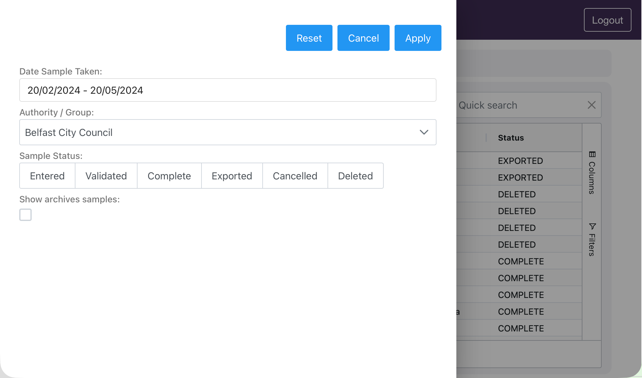 Server-side filter panel